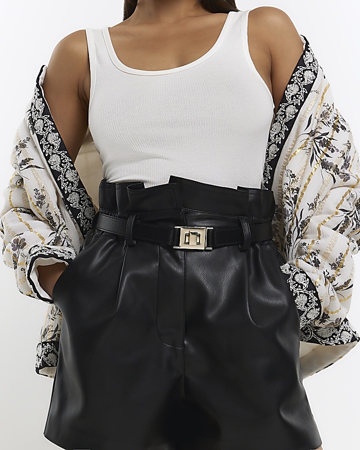 Black faux leather belted paperbag shorts