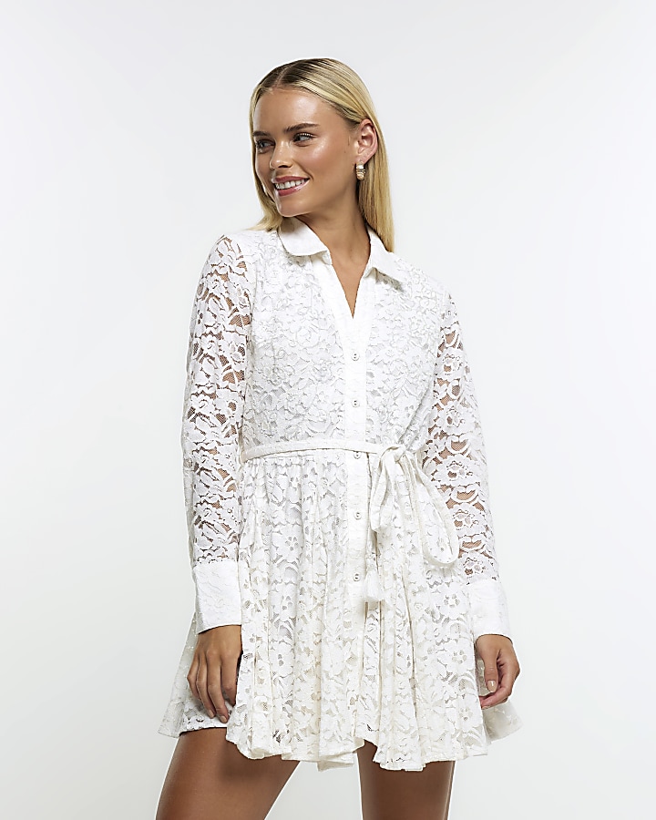 Petite cream lace beaded mini shirt dress