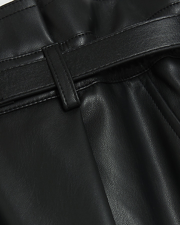 Black faux leather paperbag trousers