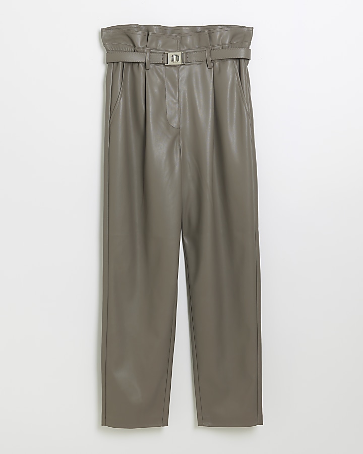 Grey faux leather belted paperbag trousers