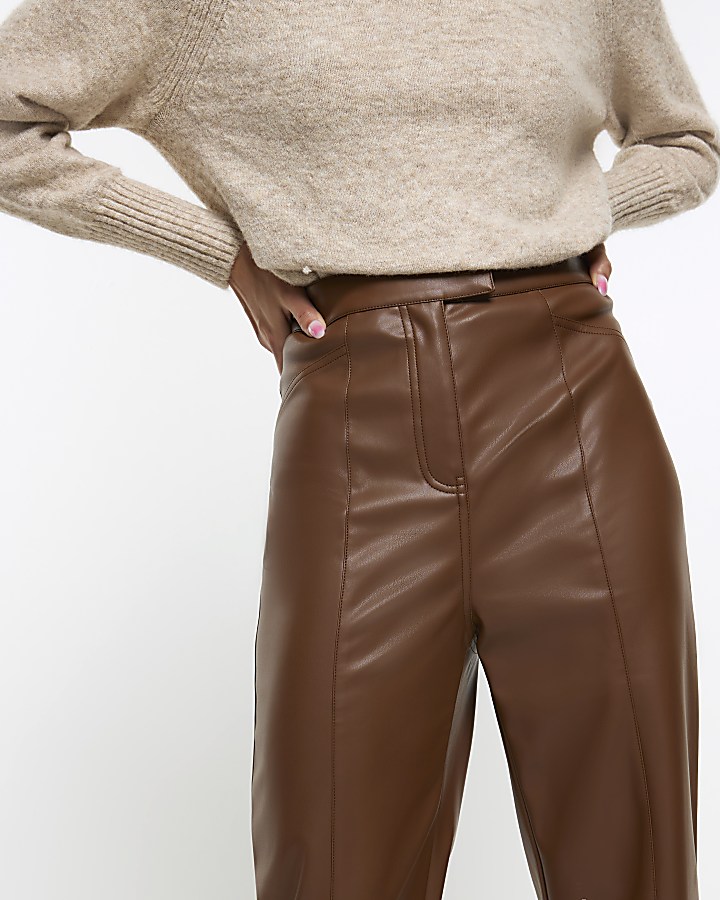 Brown faux leather straight trousers