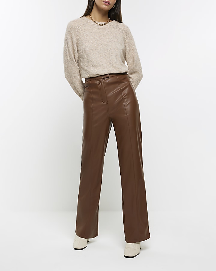 Brown faux leather straight trousers