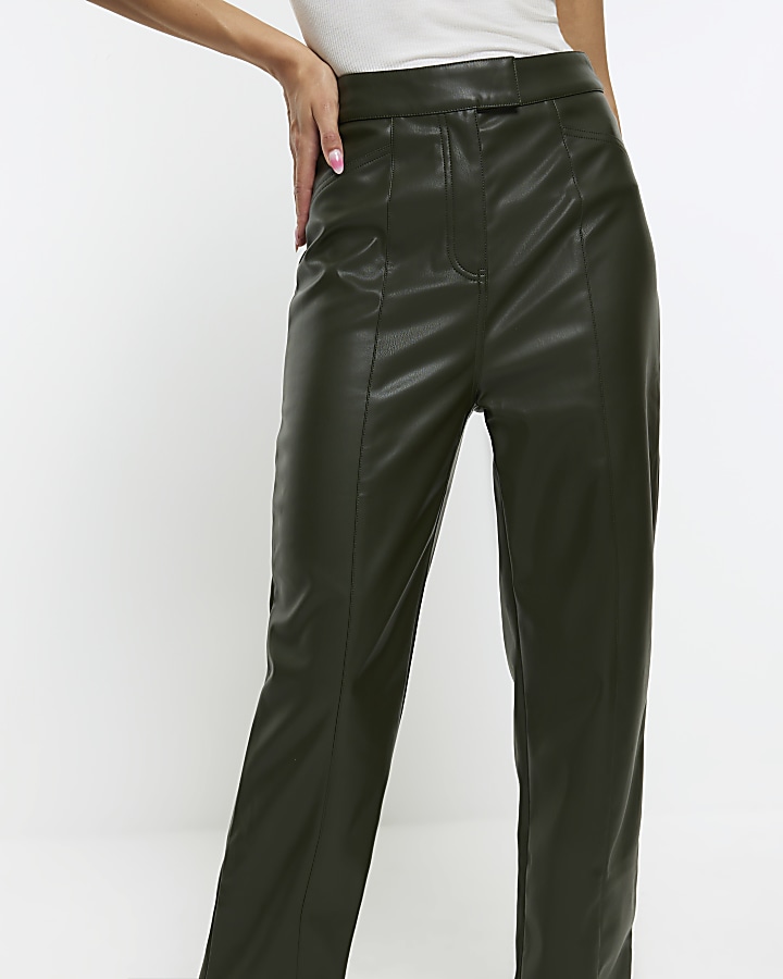 Khaki faux leather straight trousers | River Island
