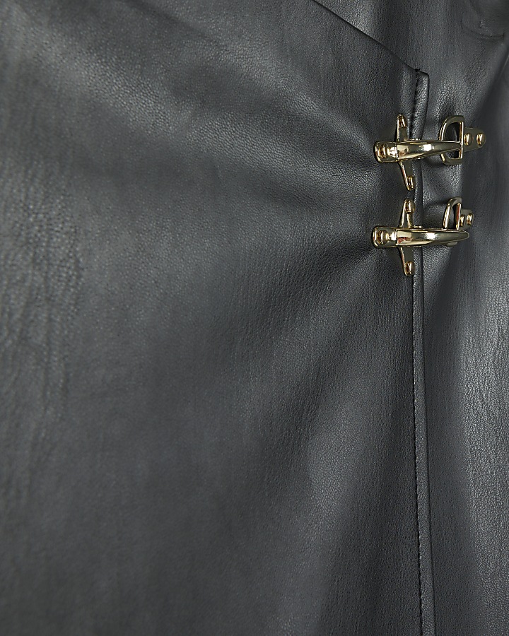 Black faux leather buckle wrap mini skirt