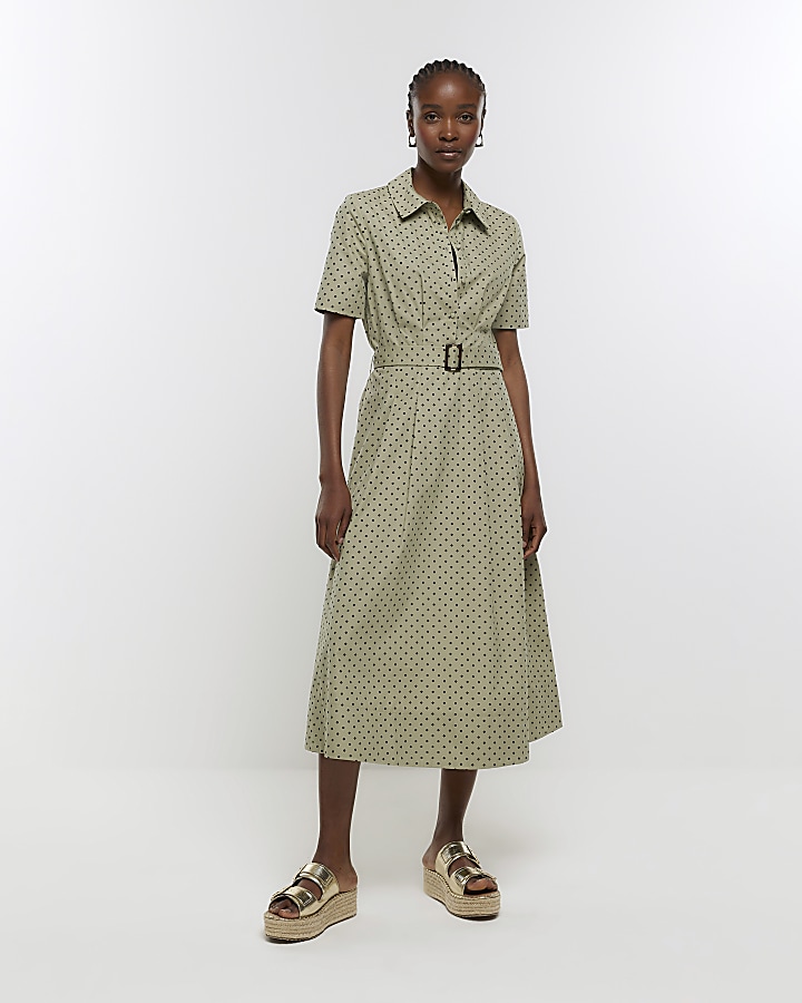 Khaki spotted belted midi shirt dress