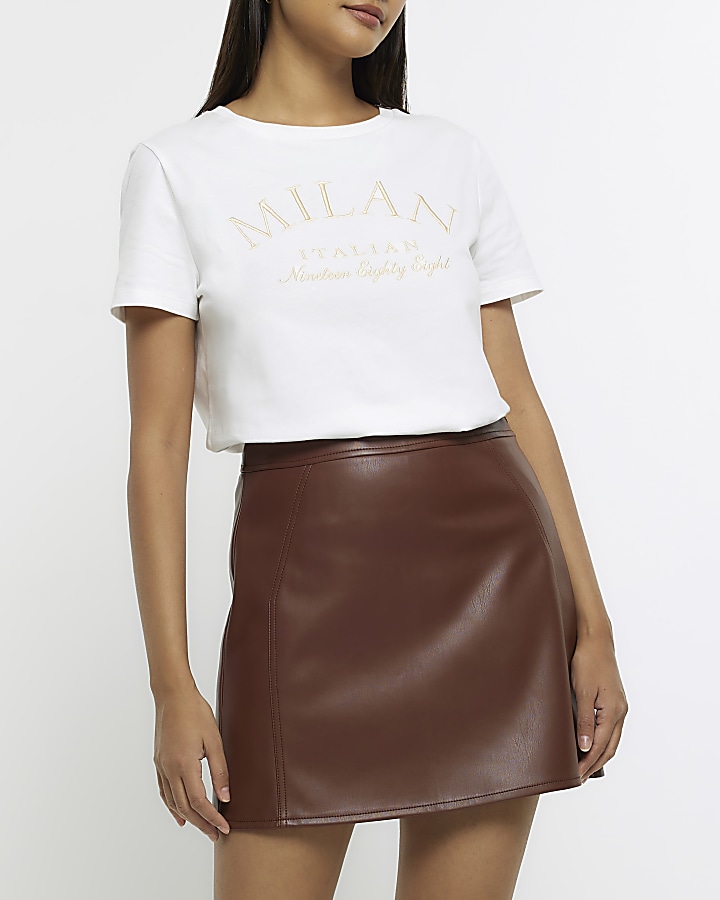 Brown faux leather mini skirt