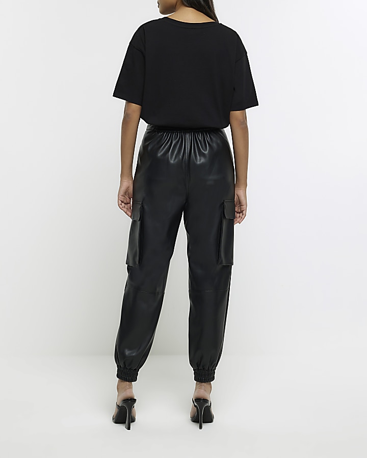 Black faux leather utility cargo trousers
