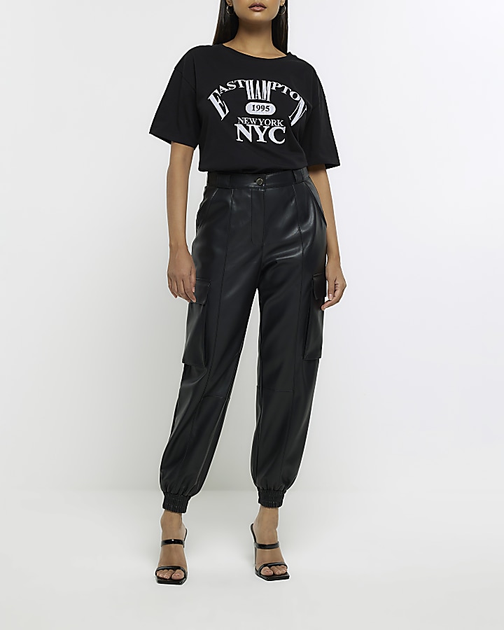 Black faux leather utility cargo trousers | River Island