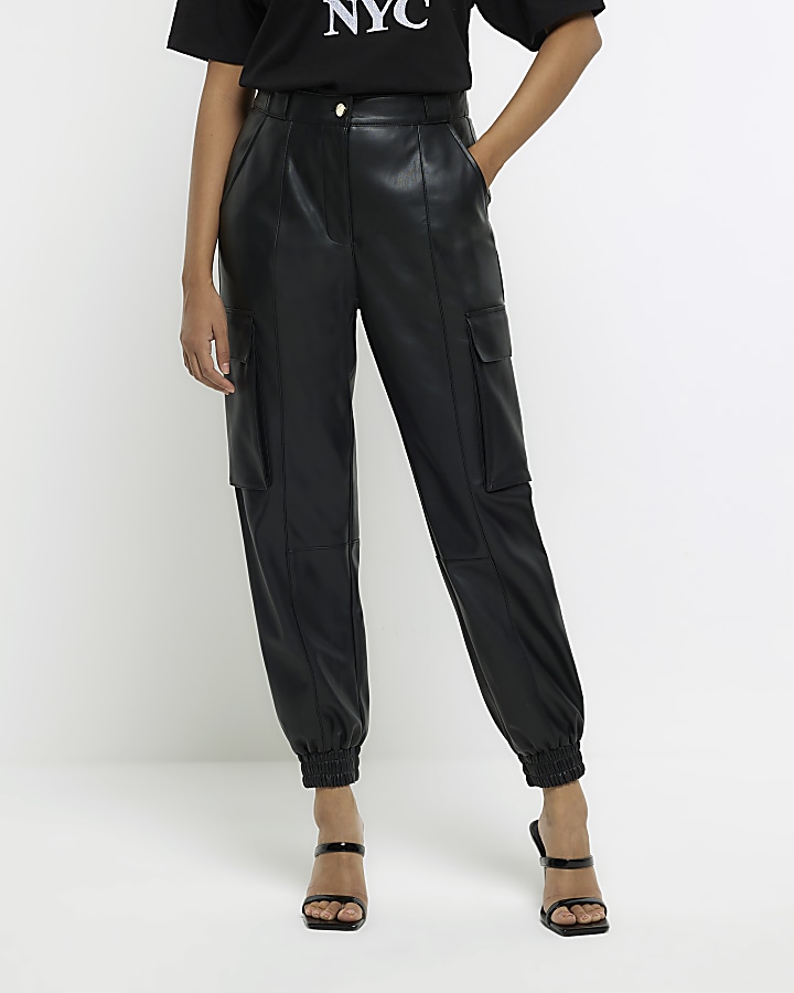 Black faux leather utility cargo trousers | River Island