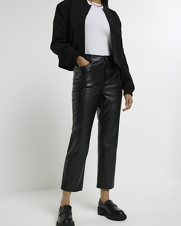 Black faux leather straight crop trousers