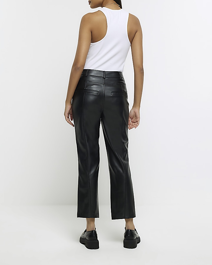 Black faux leather straight crop trousers