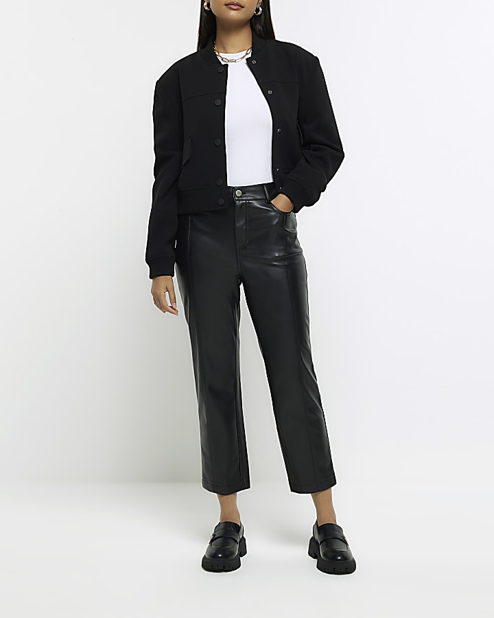 Black faux leather straight crop trousers