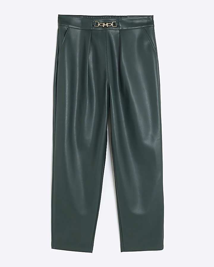 Green faux leather cigarette trousers