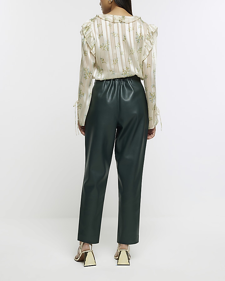 Green faux leather cigarette trousers