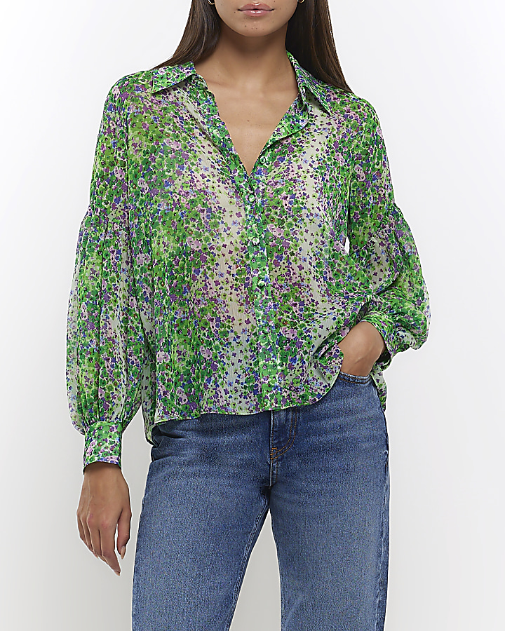 Green chiffon floral puff sleeve shirt