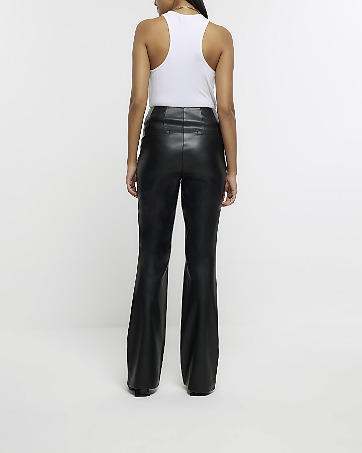 Black faux leather bootleg trousers