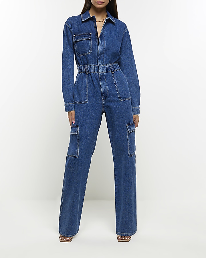 Petite Light Blue Wash Denim Cargo Jumpsuit