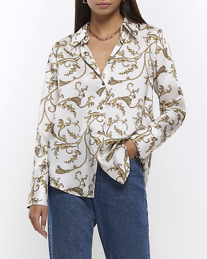 Beige satin paisley print shirt