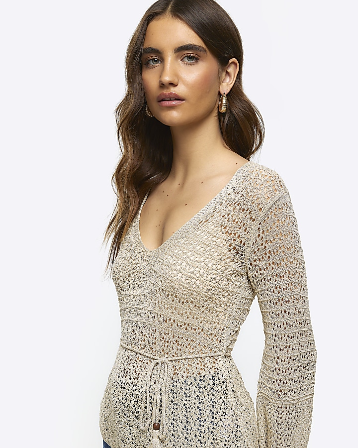 Gold crochet long sleeve top
