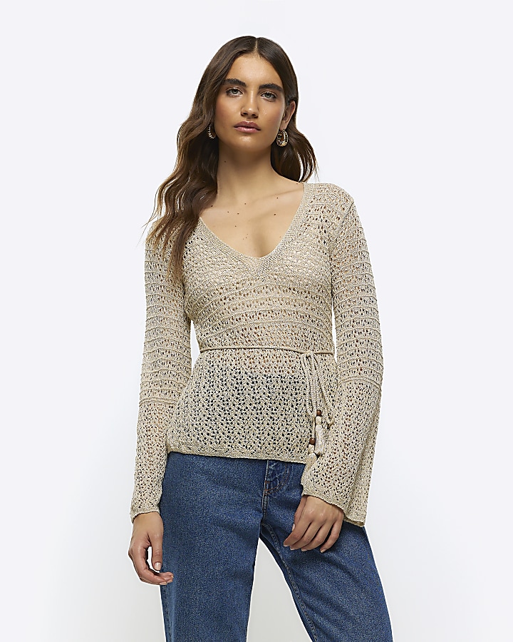 Gold crochet long sleeve top