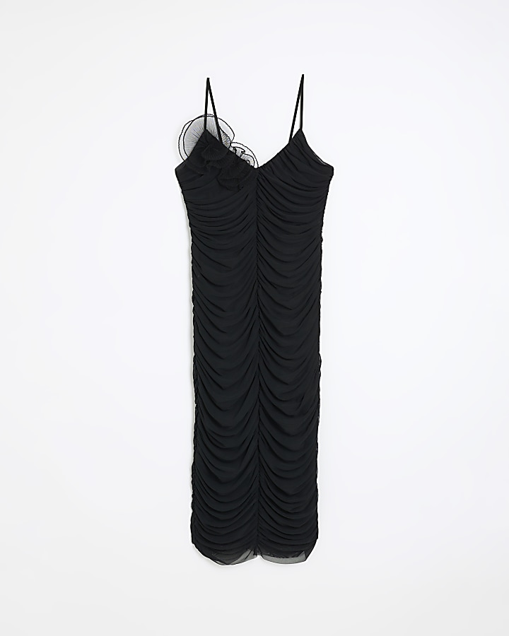 Black sleeveless corsage midi dress