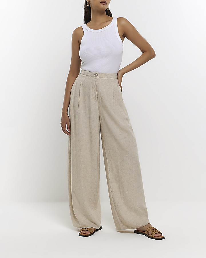 Plus Stone Linen Look Fold Over Wide Leg Trousers