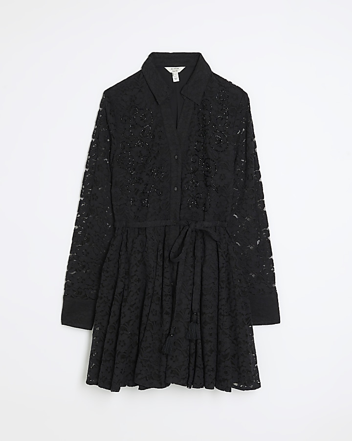 Black lace beaded mini shirt dress