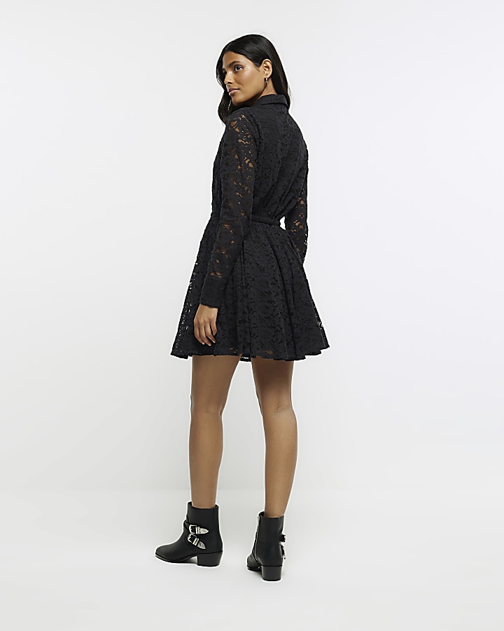 Black lace beaded mini shirt dress