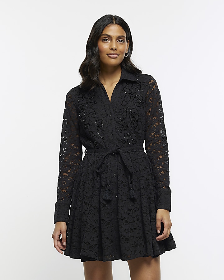 Black lace beaded mini shirt dress