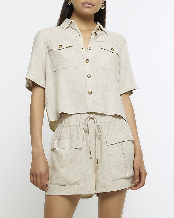 Stone utility cropped shirt with linen