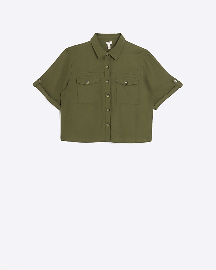 Khaki utility cropped shirt with linen