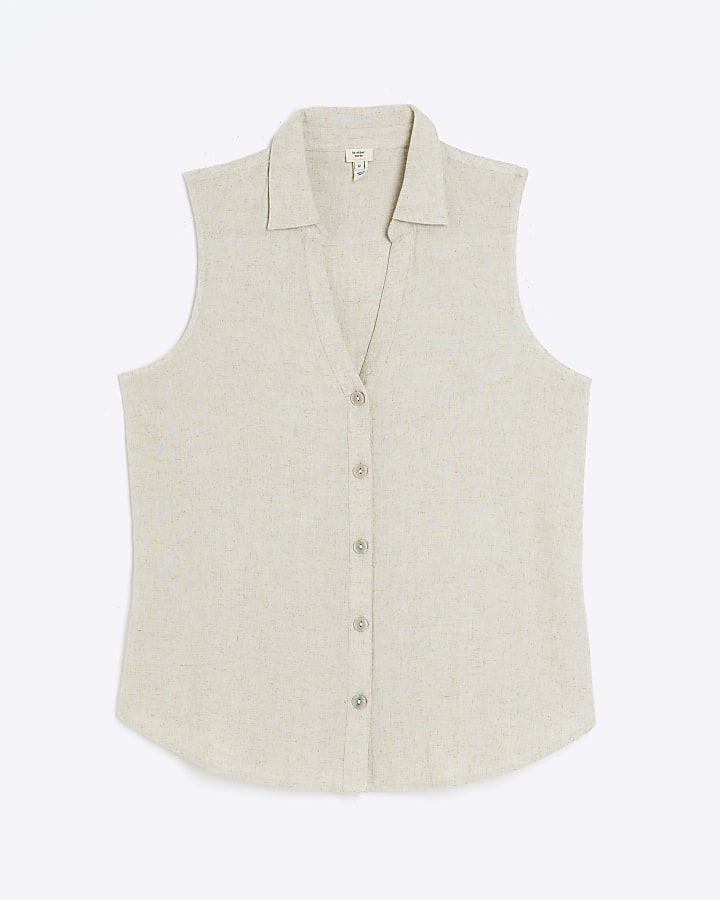 Stone sleeveless shirt with linen
