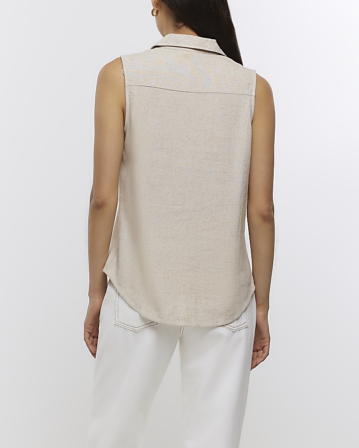 Stone sleeveless shirt with linen
