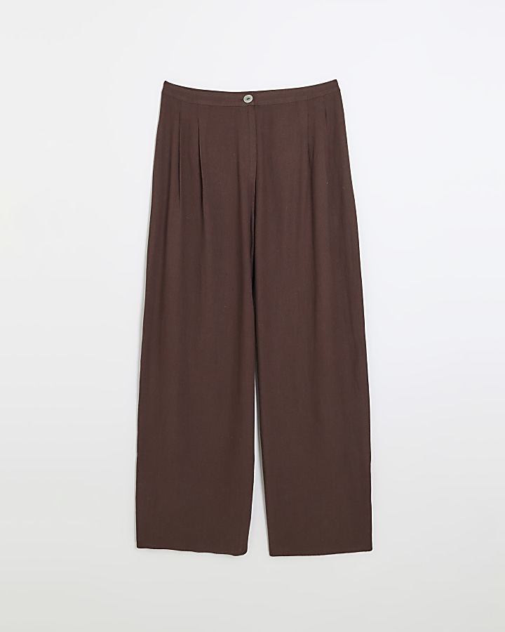 Brown pleated wide leg trousers with linen