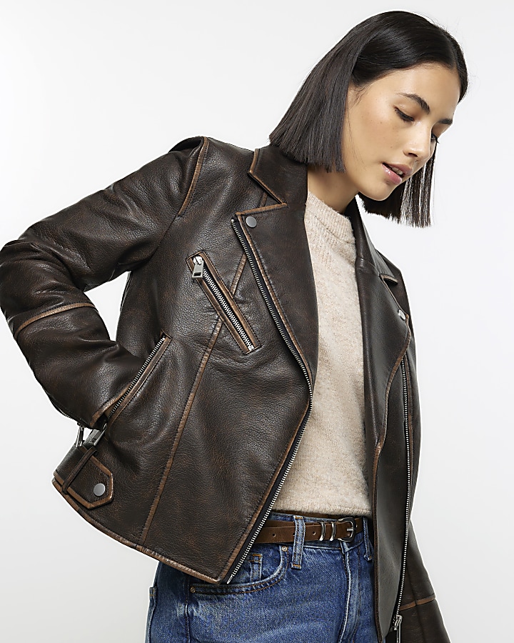 Brown faux leather distressed biker jacket