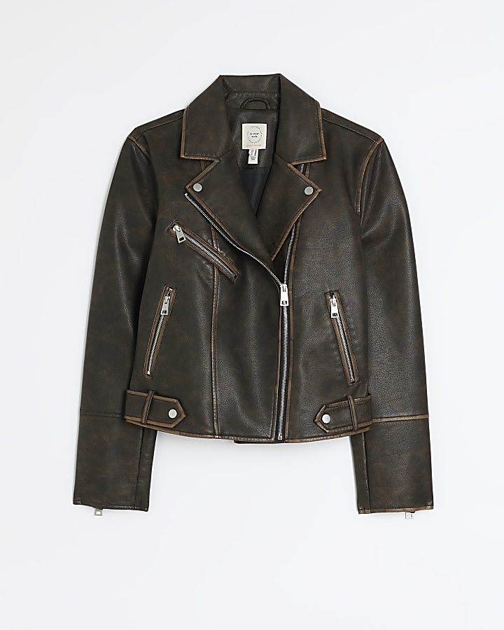Brown faux leather distressed biker jacket | River Island