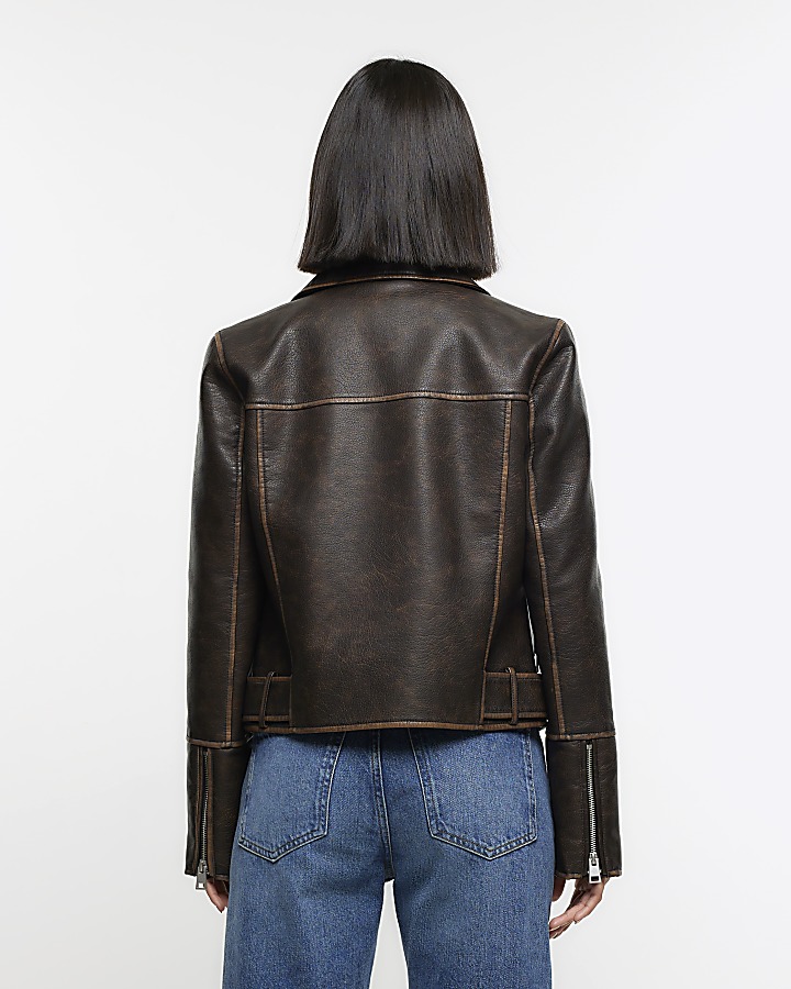 Brown faux leather distressed biker jacket | River Island