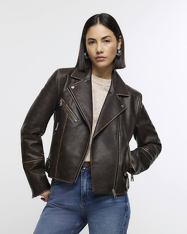 Brown faux leather distressed biker jacket | River Island