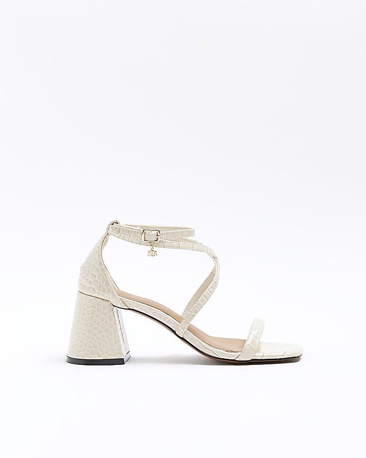 Ecru croc embossed block heel sandals River Island