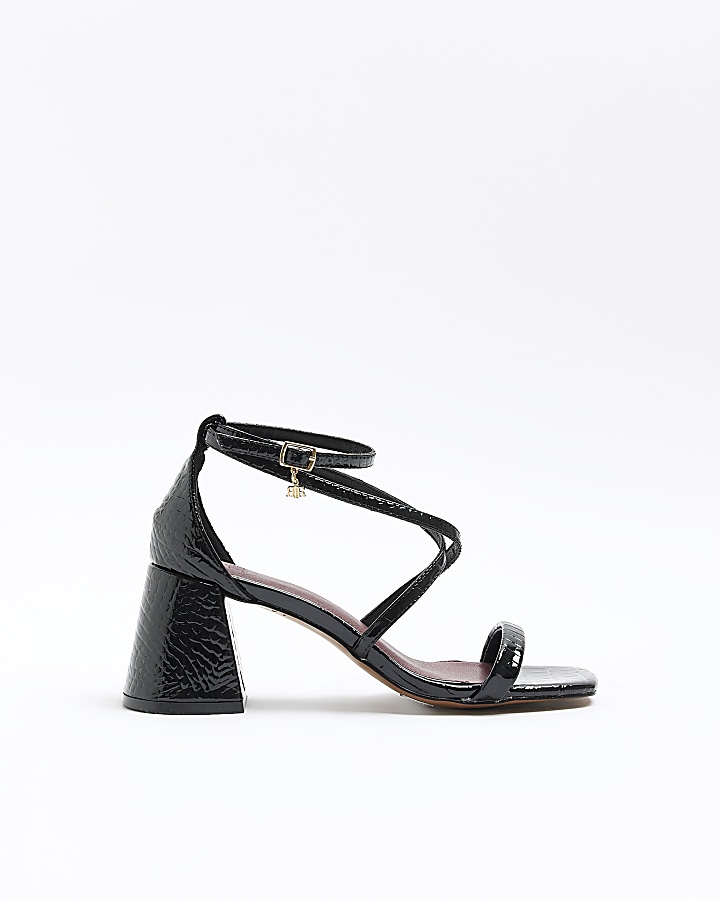 Black croc embossed block heel sandals