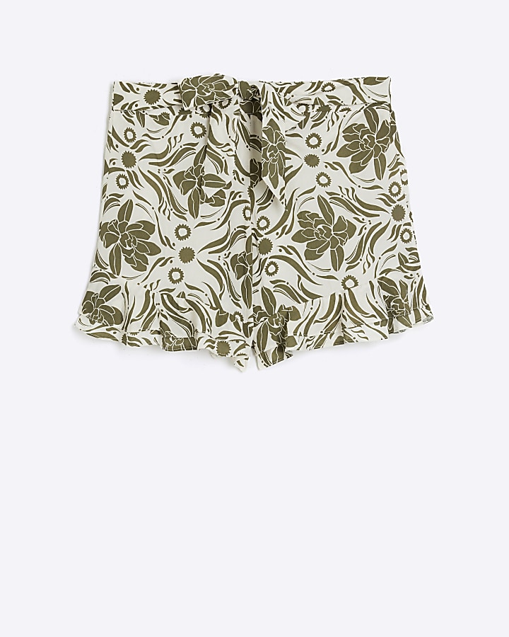 Khaki floral frill hem shorts