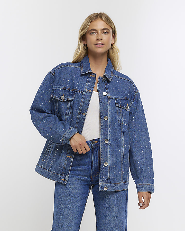 Blue oversized embellished denim jacket | River Island