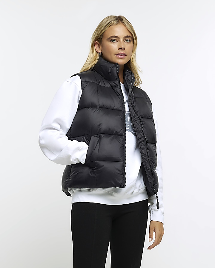 Black padded high neck gilet | River Island