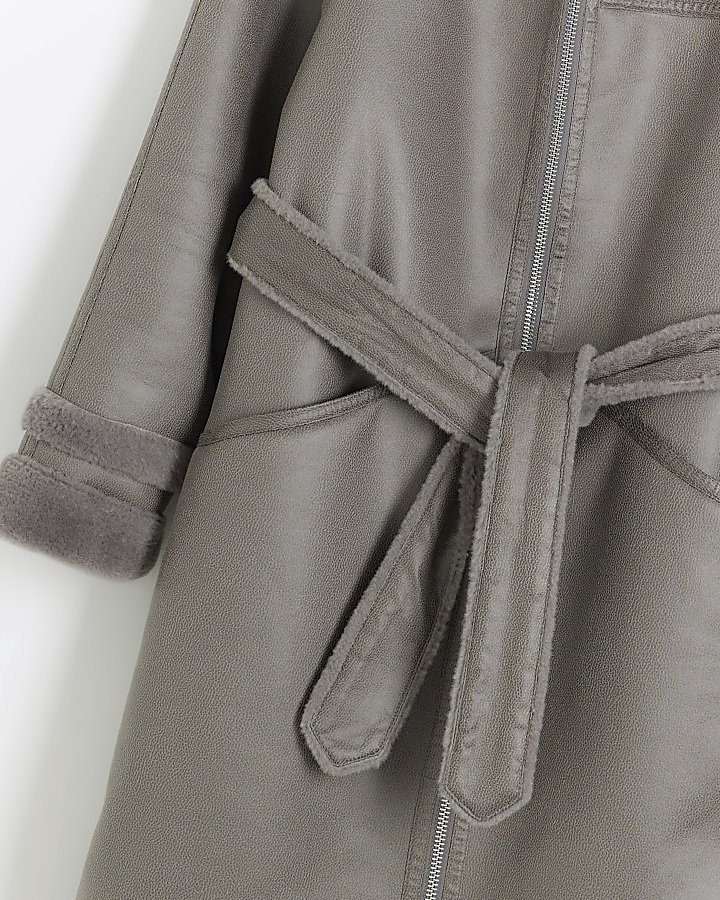 Grey suedette belted longline coat