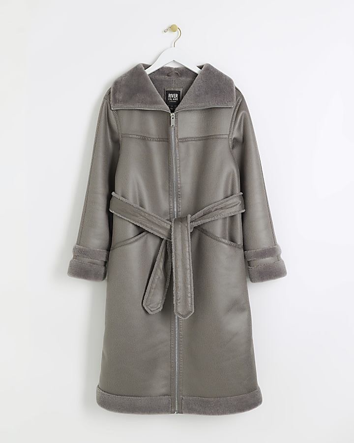 Grey suedette belted longline coat