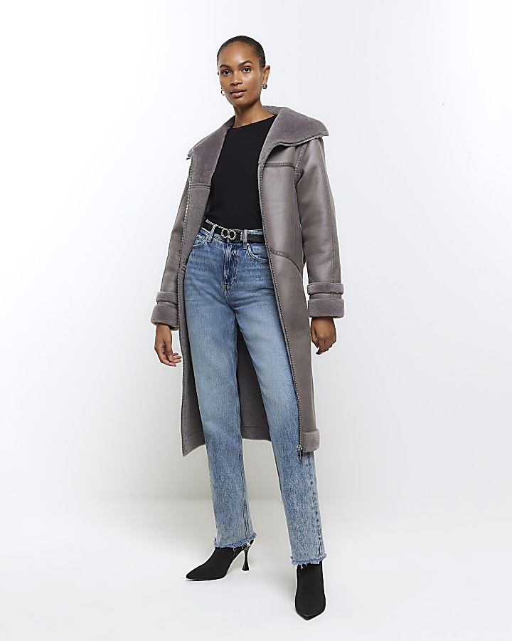 Grey suedette belted longline coat