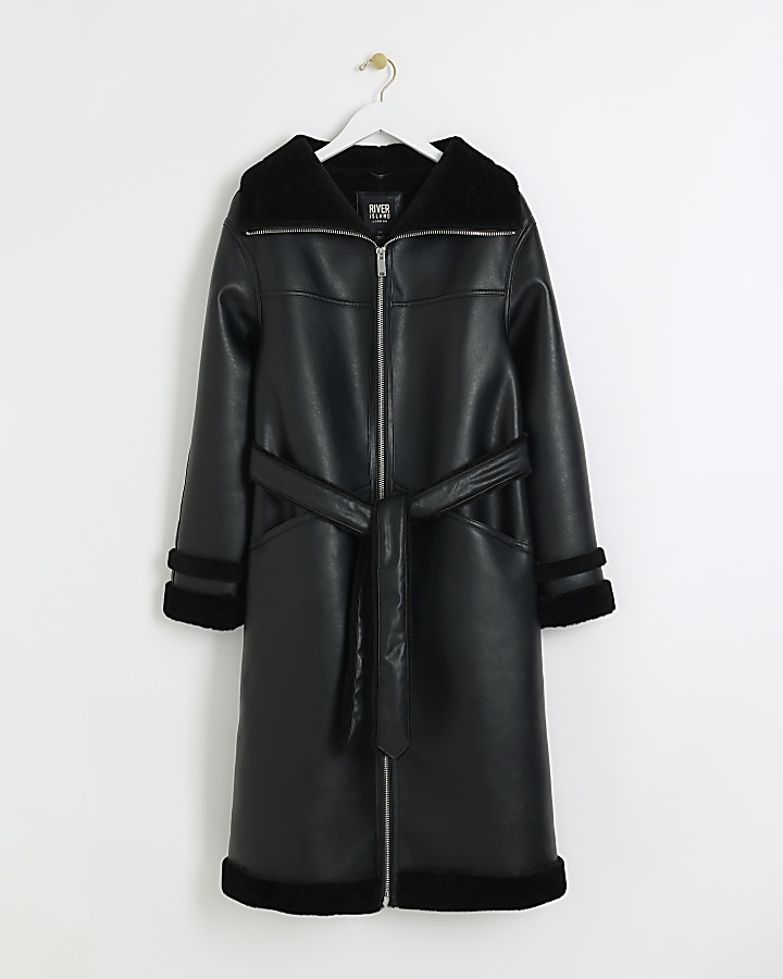 Black faux leather longline car coat