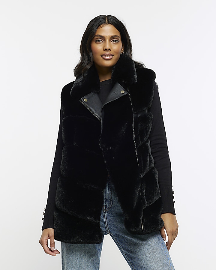 Black faux fur biker gilet