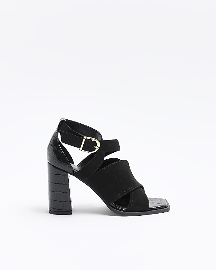 Black strappy heeled shoe boots River Island