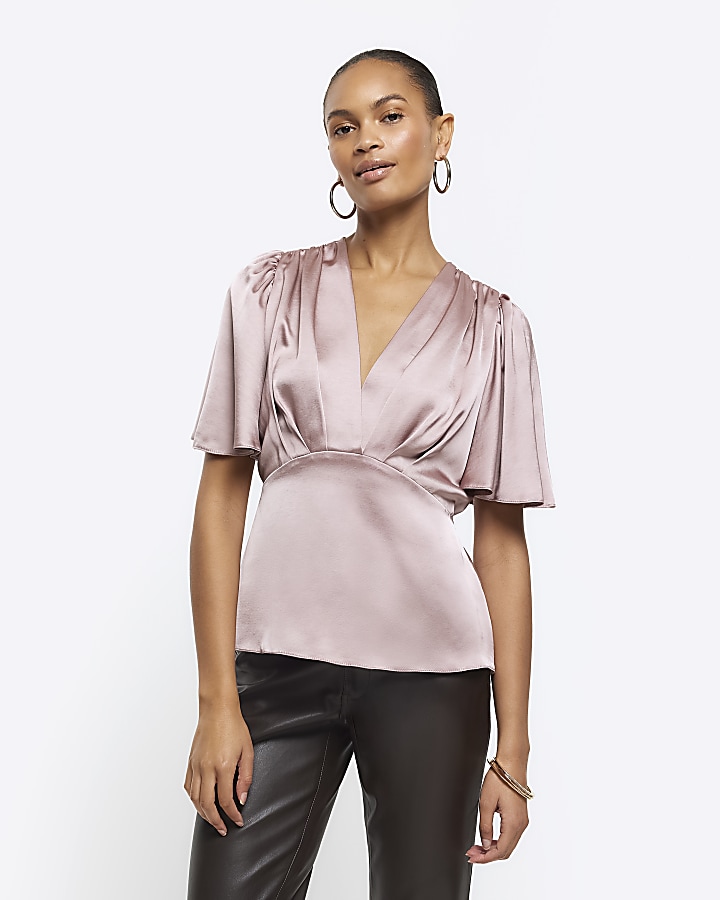 Pink satin flare sleeve blouse